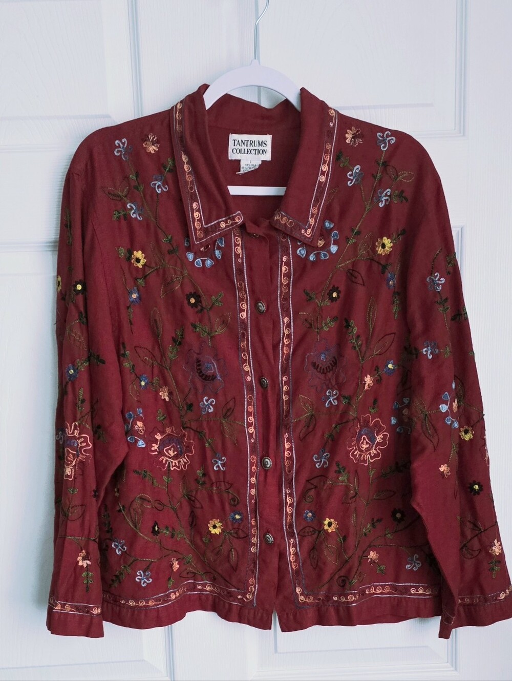 Vintage Tantrums Collection Silk Blend Red Floral Embroidered Shirt Jacket L